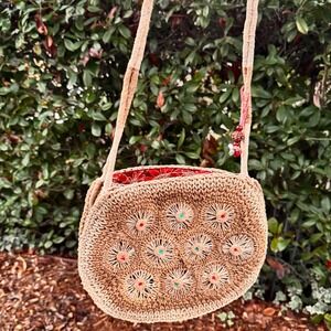 New Handwoven Crochet Brown‎ Tan Straw Shoulder Bag Beaded Embellishments Boho